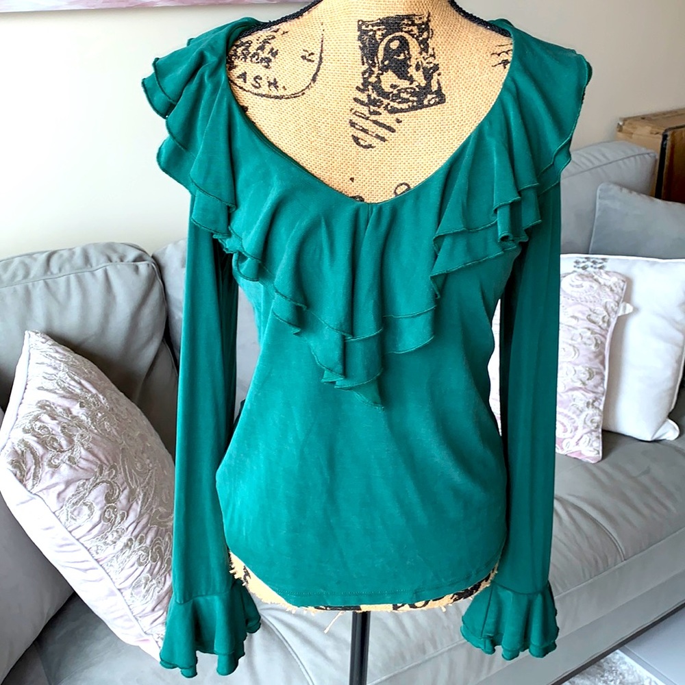 Venus dark green cold shoulder v neck ruffled blouse.